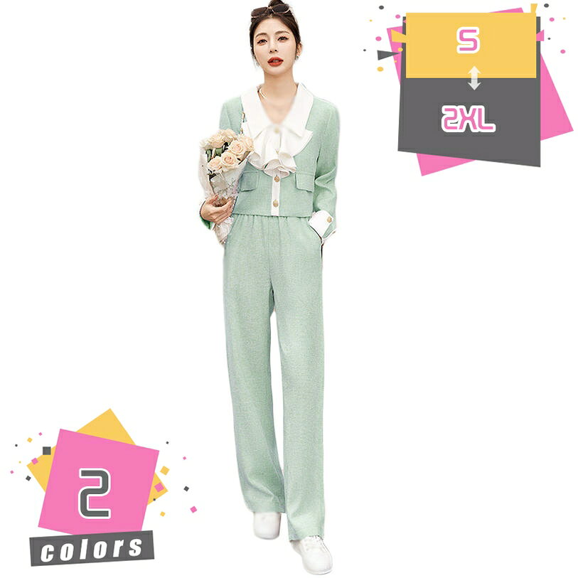 2000円OFFクーポン 春秋スーツ レディース フリル フォーマル パンツスーツ セットアップ 2点セット (ジャケット ＋ パンツ) スリム ズボン レジャー スーツ 上下 着痩せ 通勤 結婚式 面接 ビジネススーツ おおきいサイズ アンサンブル ロング mdnat