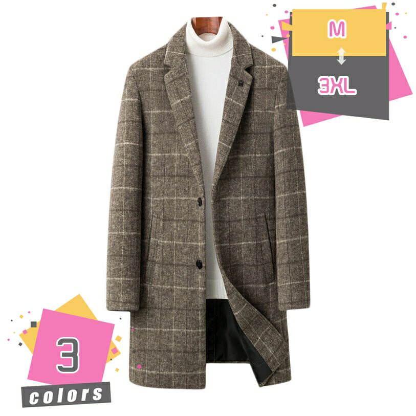 ロングコート メンズ メルトン 秋 冬 チェスター 大きいサイズ チェック柄 トレンチコート ボタン 防寒 暖かい ビジネス カジュアル 修身 ファッション かっこいい 通学 通勤 お出かけ 紳士服 韓国風アウター 秋 冬 保温 あったたか mdnat