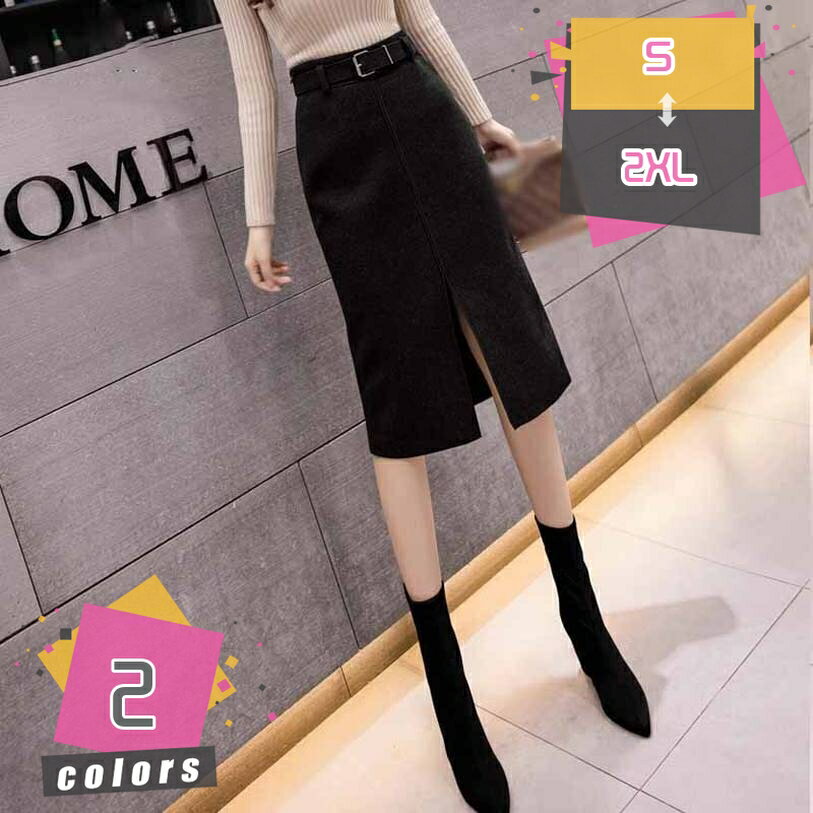 1000円OFFクーポン ロングスカート 秋 冬 膝丈 タイト ベルト付き スリット レディース ひざ丈スカート トレンド ボトム カジュアル シンプル 無地 ...