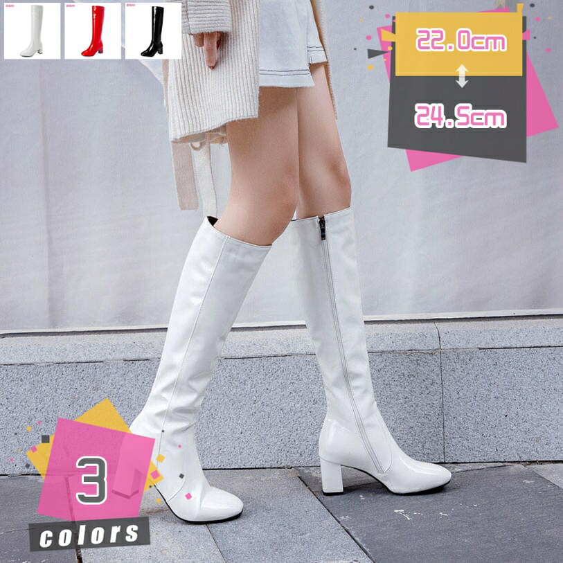 500円OFFクーポン エナメル 長靴 滑らない セクシー レディースブーツ おしゃれ 秋冬 太めヒール ロング ダンス スクエア ニーハイ サイドジッパー 身長アップ ハイヒール ストレッチ コスプレ mdnat