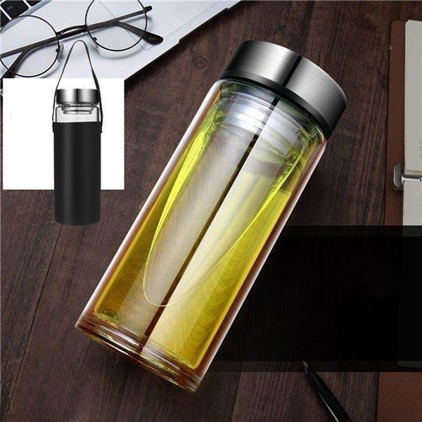 ウォーターボトル ダブルウォール 800ml ガラス水筒 茶漉し クリアボトル 直飲み 無鉛 持ち運び便利 耐熱