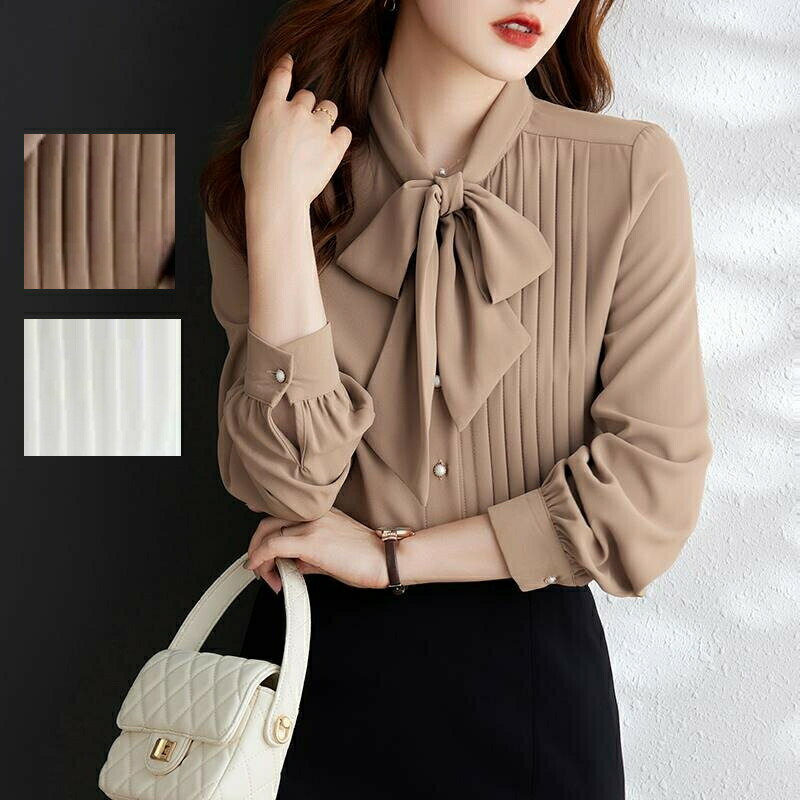 Blouses - シャツ ブラウス スキッパーカラーブラウス シフォン シフォンシャツ リボン付き レディース トップス ロングシャツ スキッパー 長袖 春 夏 秋 着痩せ オフィス OL フォーマル