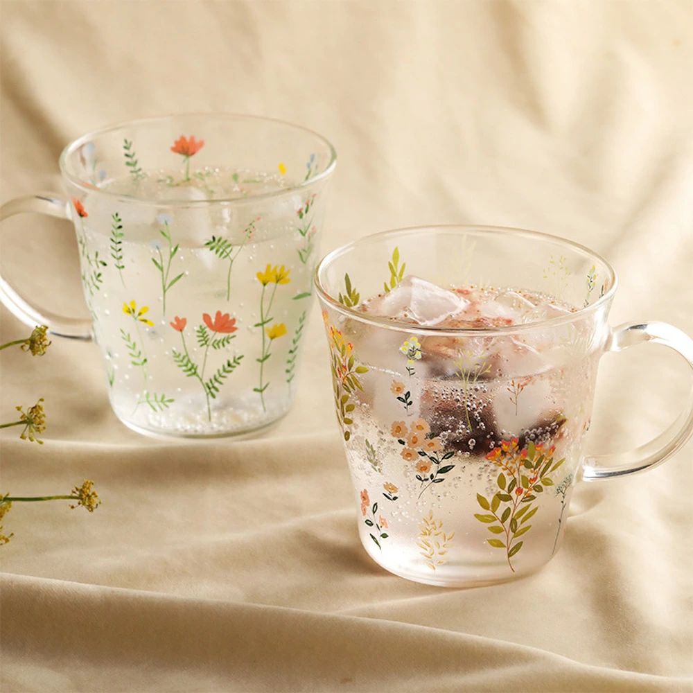 Rakuten - お コップ グラス アイスコーヒー 田園風 ガラスコップ 麦茶コップ 紅茶 耐熱ガラスカップ 美しい 可愛い花柄 マグカップ 400ml