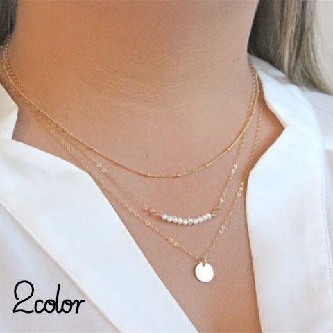 Rakuten - ネックレス レディース アクセサリー ジュエリー 三連 重ね付け風 チェーン フェイクパール プレート コイン シンプル 上品 贈 ギフト プレゼント
