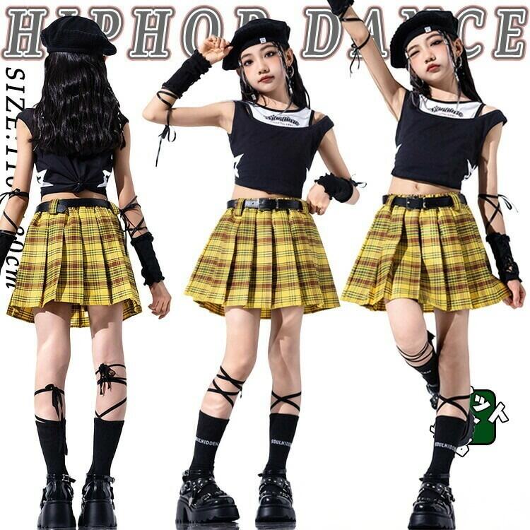 【楽天スーパーセール】キッズ ダンス 衣装 黒 黄色 プリーツスカート チェック 女の子 韓国k-pop jazz チア チアガール トップス へそ出し ショート丈 タンクトップ スカート ぴったり セットアップ 単品販売