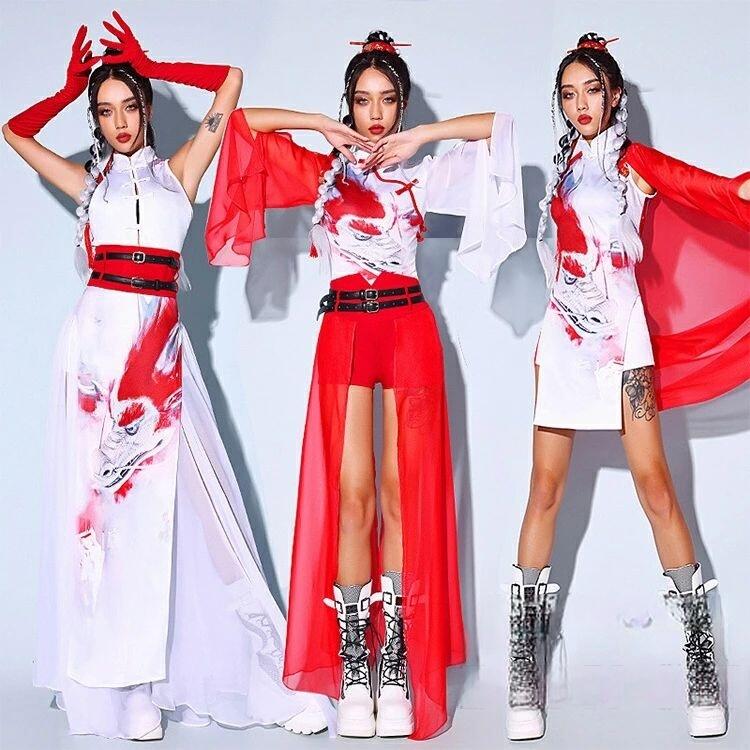 乐天商城 - ダンス衣装 レディース DS演出服 セットアップ 社交ダンス 大人 龍柄 レッド ガールズグループ ジャズ衣装 スカート チアガール ジャズダンス ヒップホップ k-pop おし AZZ ダンスウェア