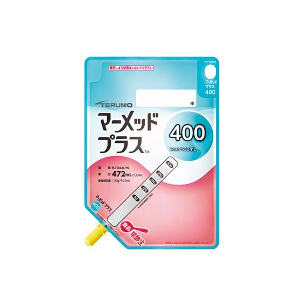 水分補給に配慮。 水分量 118g/100kcal（濃度：0.75kcal/mL）。 pHの低下により、液体から半固形状に 増粘剤としてアルギン酸ナトリウムを使用。 水分量118g/100kcal（濃度0.75kcal/mL） 300kcal、400kcalの2種類のラインアップ 1日3食で900〜1200kcalまで対応。 組成特長 エネルギー構成比：たんぱく質16％、脂質34％、炭水化物50％（糖質＋食物繊維） ビタミン※・微量元素：1日3食（1200Kcal）で日本人の食事摂取基準（2015年度版）記載の推奨量または目安量をほぼ満たすことができます。[成人男性（50 〜69歳）] ※ビタミンKは88％充足 EPA・DHA、食物繊維を配合。 乳糖フリー 商品説明名称濃厚流動食 原材料名 澱粉分解物、大豆たんぱく、植物油、ポリデキストロース、大豆たんぱく酵素分解物、魚油、酵母、L-カルニチン、増粘剤（アルギン酸Na）、乳化剤、塩化K、安定剤（セルロース）、リン酸K、リン酸Na、V.C、クエン酸鉄Na、ナイアシン、V.B1、パントテン酸Ca、V.E、V.B2、V.B6、V.A、葉酸、V.K2、ビオチン、V.B12、V.D、（大豆を原材料の一部に含む） 賞味期限製造後9ヶ月内容量533ml保存方法 室温で保存できますが、凍結するような場所や直射日光のあたる場所を避け、なるべく冷暗所に保管ください。製造者 テルモ株式会社東京都渋谷区幡ヶ谷2-44-1