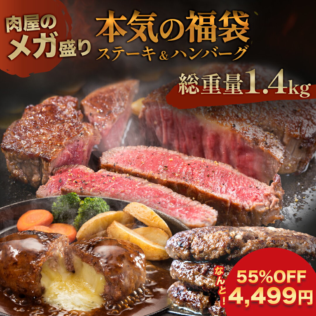 【55％OFFで9,998円→4,499円】【 送料無料 】 大人気！ 5月16日発送！ 福袋 2024 ステーキ ハンバーグ 2種 ガッツリ 1.4kg 訳あり 3種 牛肉 豚肉 肉 チーズ入り ハンバーグ 冷凍 牛肉 ステーキ 小分け 個包装 お弁当 おかず 惣菜 一人暮らし 業務用 食品 福袋