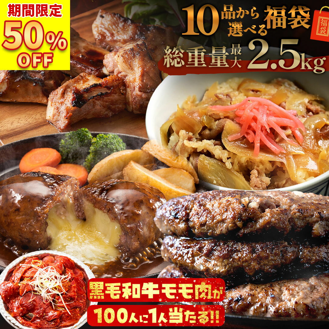 ＼ 衝撃の半額で2,999円!! ／ [ 11月12日から順次発送！ ] 黒毛和牛が当たる!!【 10品から選べる最大2.5kg 】 2種固定 福袋 2025 超お得なメガ盛り肉福袋！ 【 訳あり 送料無料 】はしっこ 訳あり お肉 在庫処分 食品 牛肉 豚肉 肉 豚丼 ハンバーグ 食品 BBQ バーベキュー
