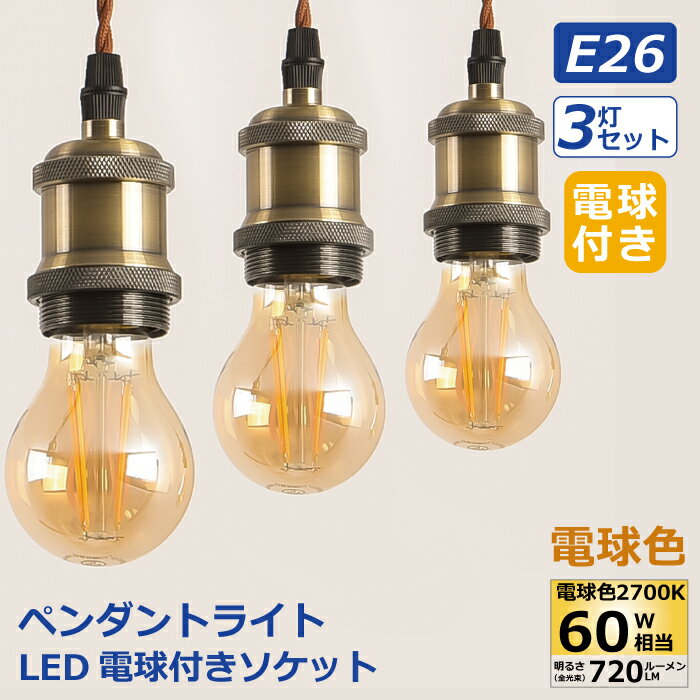 ペンダントライト ダクトレール用 3灯セット E26口金 LED電球付き フィラメント電球 60W形相当 電球色 電球ソケット 天井照明 吊り下げ 100cm調節可能 レールライト ダイニング リビング カフェ風 店舗照明 北欧風 おしゃれ レトロ 照明器具 天井 led 【選べる特典付】