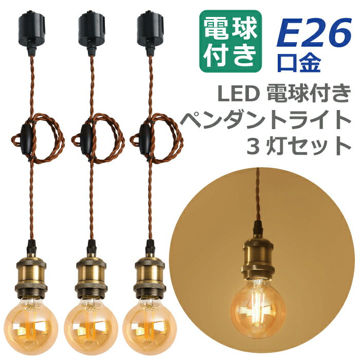 ペンダントライト ダクトレール E26口金 3灯セット LED電球付き 電球色 60W形相当 照明器具 天井 led対応 フィラメント電球 6W 電球ソケット 省エネ 吊り下げ コード付き 100cm調節可能 ライト ダイニング リビング 北欧風 インテリア照明 おしゃれ レトロ 【選べる特典付】