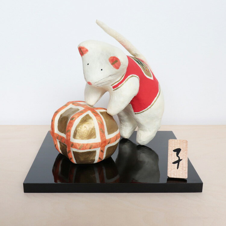 張り子 ねずみ 和紙 干支飾り 俵 木札 黒塗り台 木札 子年 お正月飾り 縁起物 ギフト|張り子 子 4点セット(はりこ ねずみ)