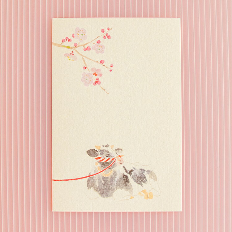 年賀状 絵はがき 年賀 はがき 牛 梅の花 ポストカード 御礼 ハガキ ご挨拶 お礼状 農家 乳牛 新年 御年..