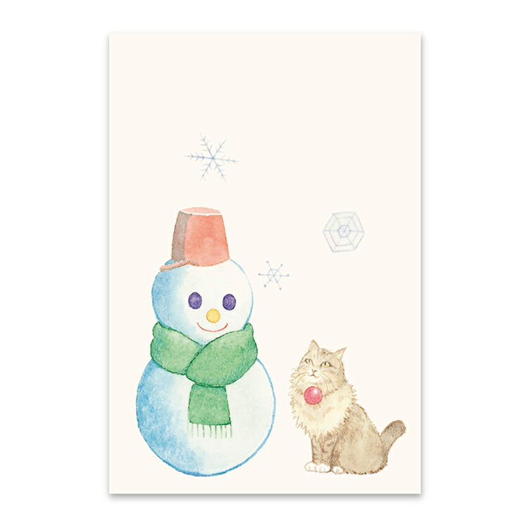 和紙の絵葉書 クリスマスカード ポストカード 季節の絵はがき［冬］猫と雪だるま