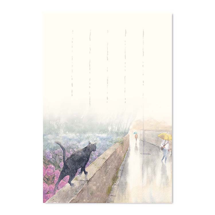 絵葉書 はがき 和紙 紫陽花 黒猫 雨 