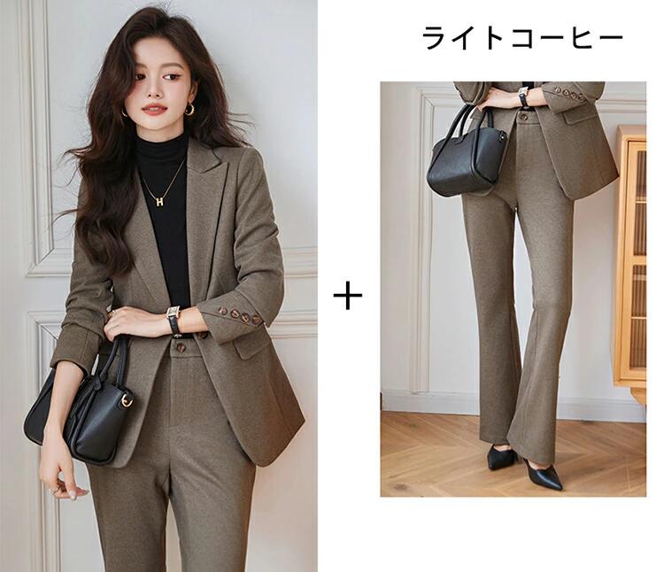 スーツ レディース パンツスーツ 2点セットアップ ブラウン ジャケット パンツ 洗...