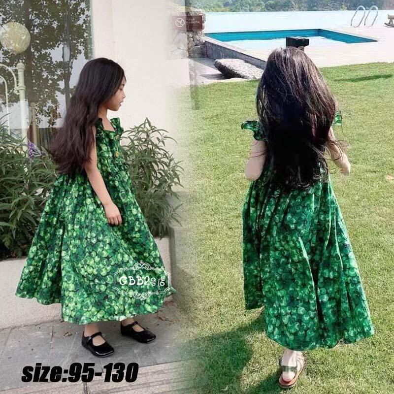 【ブラックフライデーP5倍】 韓国子供服 ワンピース 半袖 夏 キッズ ロング丈 女の子 花柄 プリント 子供ドレス コットン Aライン フレアスカート リゾート おしゃれ 子ども服 ビーチ カジュアル 女児 人気 可愛い ジュニア服 卒園式/入学式 グリーン 95 100 110 120 130