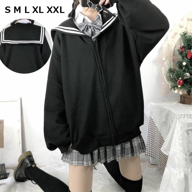 Rakuten - パーカー レディース セーラー襟 ップアップ パーカー プルオーバー トレーナー セーラー服 長袖 セーラー襟 ゆったり カジュアル 韓国風 ファッション おしゃれ アウター コート シンプル スウェット トレーナーパーカー 秋服 オーバーサイズ S M L XL XXL