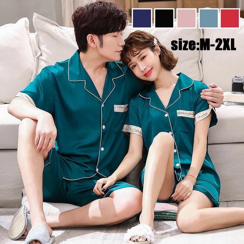 【P1+4倍UP期間中】 ペア パジャマ 夏 カップルペアルック 上下セット メンズ レディース 半袖 半ズボン アイスシルク パジャマ 薄手 ルームウェア パジャマ セットアップ 大きいサイズ 部屋着 かわいい おしゃれ 可愛い 寝巻き 単品売り M-2XL