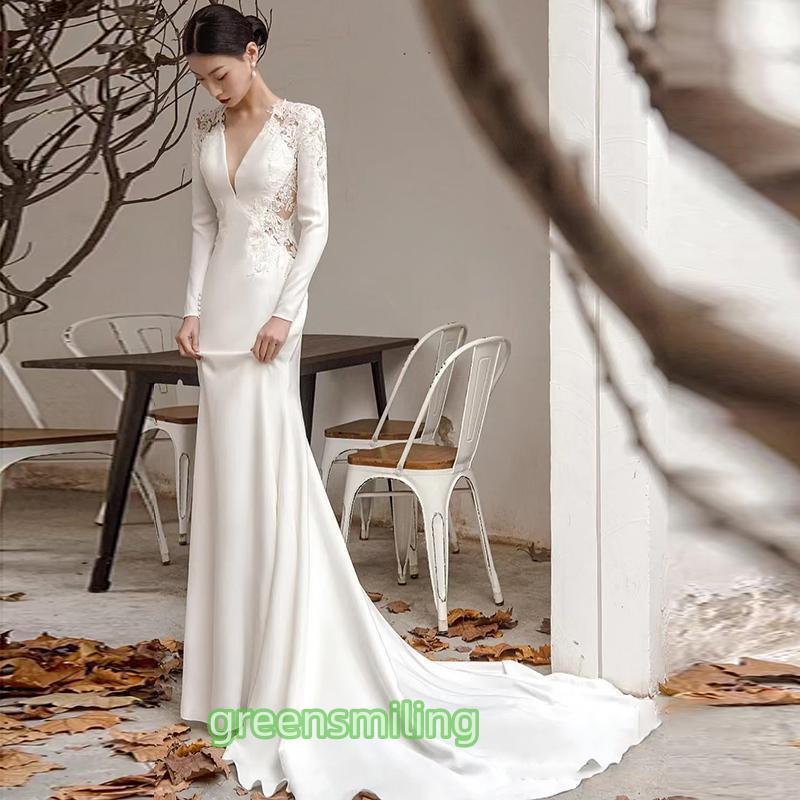 【初購入8％OFFクーポン】 ウェディングドレス ウエディングドレス 二次会 結婚式 前撮り ブライダル ロングドレス 花嫁 スレンダードレス マーメイドドレス 白 サテン 長袖 ファスナー