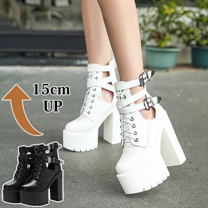 【ブラックフライデーP5倍】 厚底ブーツ ショートブーツ 15cm レディース 靴 シューズ 春夏 チャンキーヒール 太ヒール 安定感 病み可愛い バックジップ ハイヒール コスプレ ロリータ カジュアル サイドベルト おしゃれ 耐摩耗 ボリューム感 黒 ブラック ライブ