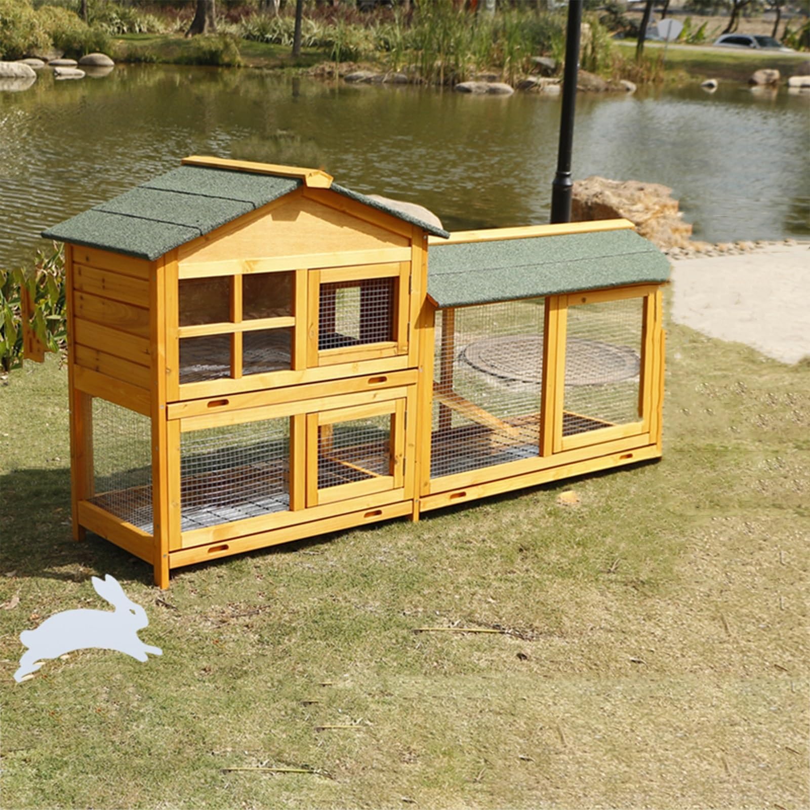 屋外用ウサギ小屋、傾斜ランとトレイ付きの2階建てウサギケージ、鶏やモルモットのペット用の大型木製ウサギ小屋(Golden brown)