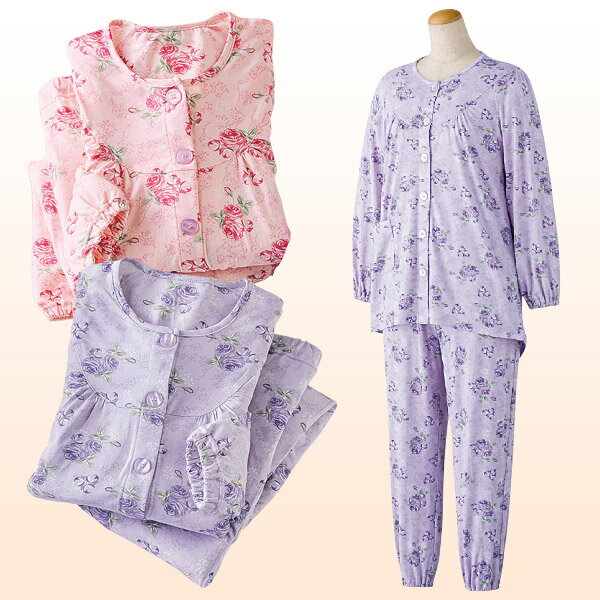 大きめボタンストレッチパジャマ＜ピンク系 パープル系｜S M L LL 3L 4L＞