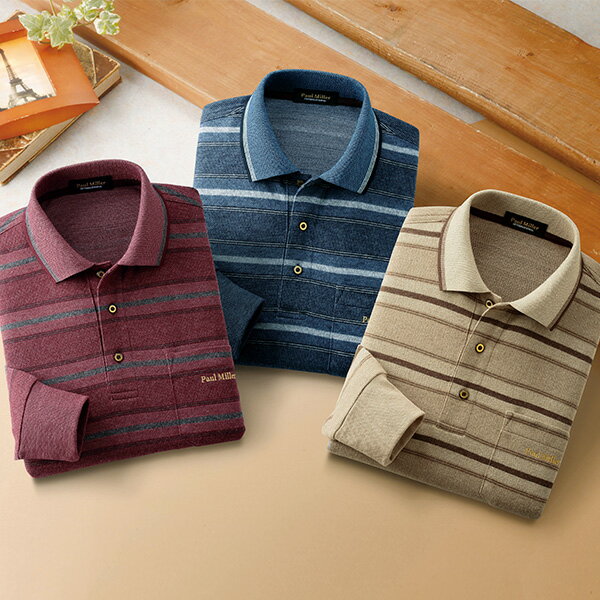 ポール・ミラー ボーダー柄ジャカード長袖ポロシャツ3色組＜M L LL＞