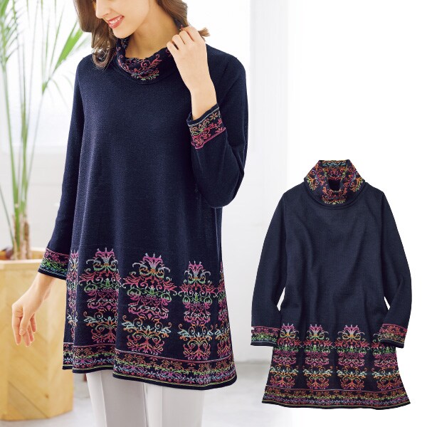 華やぎのブルーフォンセ 五泉ニット絣糸編みのAラインあったかチュニック＜S M L LL＞