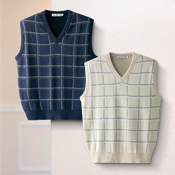 エムアイジェイ 日本製綿混格子柄Vベスト＜ベージュ系 ネイビー系｜M L LL＞