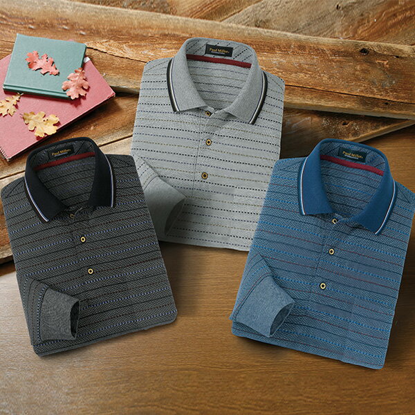 ポール・ミラー 先染めボーダー柄長袖ポロシャツ3色組＜M L LL＞