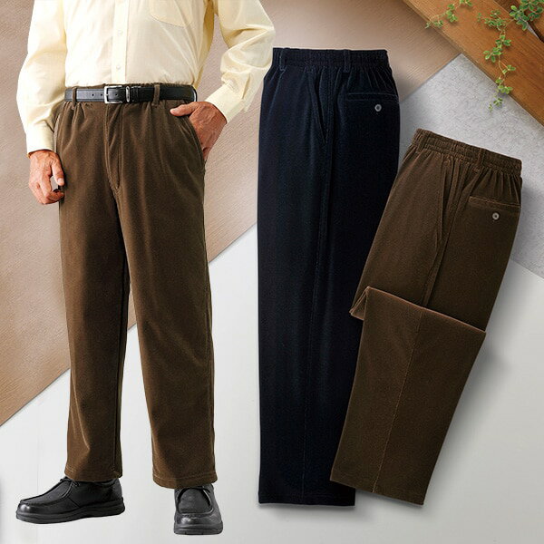 コーデュロイが洗練された印象を演出する裏フリースパンツ光沢感のある細畝コーデュロイが、洗練された印象を演出する裏フリースパンツ上品な着こなしを叶えながら、ウエスト総ゴム、ストレッチ素材でラクラク快適なはき心地です。肌触りも滑らかな細畝コーデュロイ素材。裏フリースでふんわり暖か。きちんと見えてラクラク快適。同サイズ2色セットスペック■表面：ナイロン100％、裏面：ポリエステル100％◆ウエスト総ゴム（調節ヒモ付）、ベルト通し付、前ファスナー付、両脇ポケット付、両後ポケット付◆ネイビー・ブラウンの同サイズ2色組◆中国製送料660円（通常）注意事項1008464