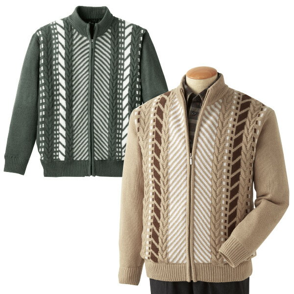 ケーブル柄使いニットブルゾン＜グレー ベージュ｜S M L LL 3L＞