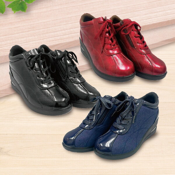 脱ぎ履きらくらくサイドファスナーシューズ＜エナメルワイン エナメル黒 デニム｜22.0cm 22.5cm 23.0cm..