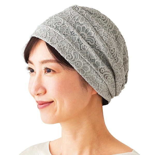 樂天商城 - 髪にやさしい内側シルクのレース帽子＜ライトグレー ブラック＞
