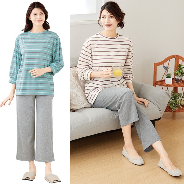 Rakuten - 綿混ボーダーホームウエア＜アイボリー系 ミント系｜M L LL＞