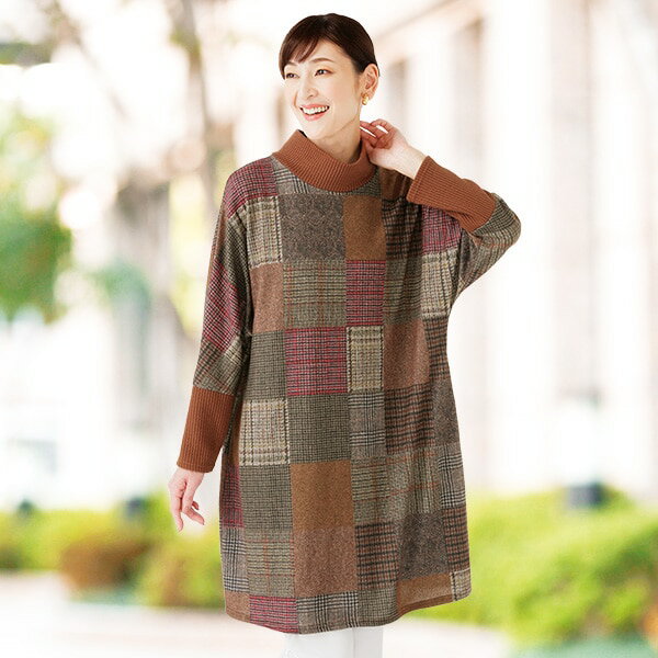 起毛リブ切替格子柄チュニック＜M～L LL＞
