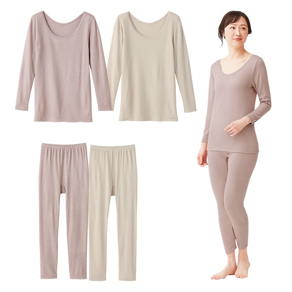 ぬくもりやわらか発熱インナー2枚組＜上衣2色組 パンツ2色組 ローズグレー上下セット ベージュ上下セット｜M L LL＞(4.0)