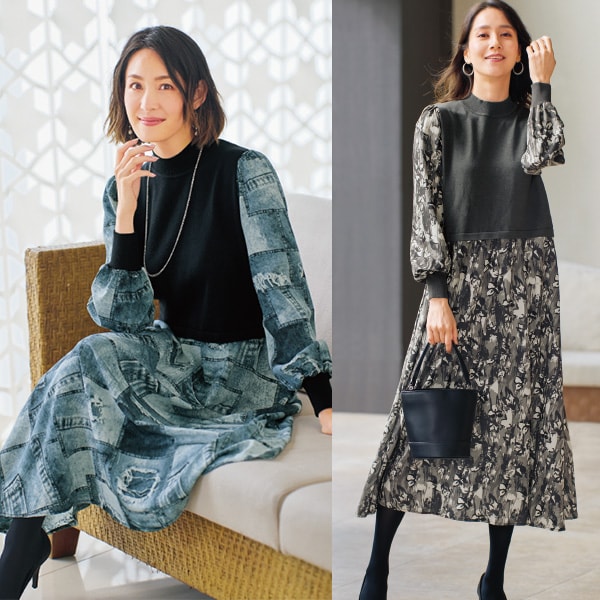 Rakuten - ニット切替プリントワンピース＜ブラック×デニム柄 チャコールグレー×花柄｜M〜L LL＞