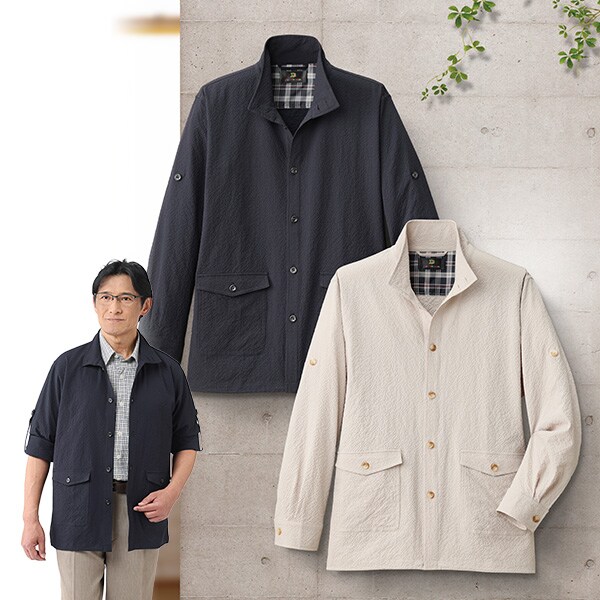 Rakuten - ジャックブラウン サッカー生地軽量ジャケット＜ネイビー ベージュ｜M L LL 3L＞