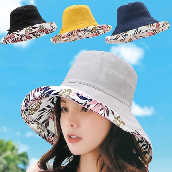 Rakuten - ボタニカル柄リバーシブルつば広帽子＜グレー系 ブラック系 イエロー系 ネイビー系＞