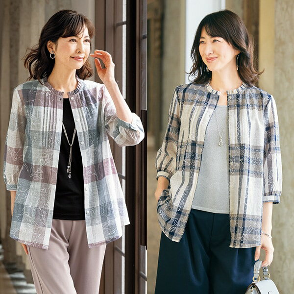 Rakuten - チェックと花柄プリントのフリル衿ピンタックブラウス＜ピンク×グレー系 オフ白×紺系｜M L LL＞
