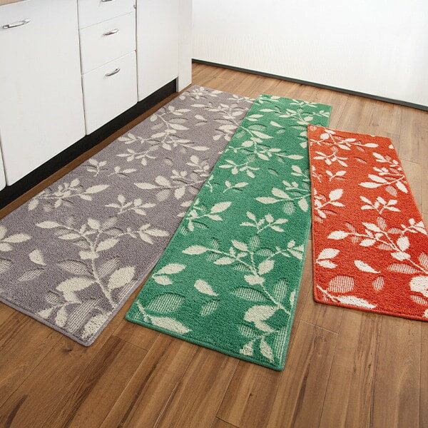 Rakuten - 日本製リーフ柄はっ水加工キッチンマット＜グレー グリーン オレンジ｜45×120cm 45×180cm 45×240cm 60×180cm 60×240cm＞