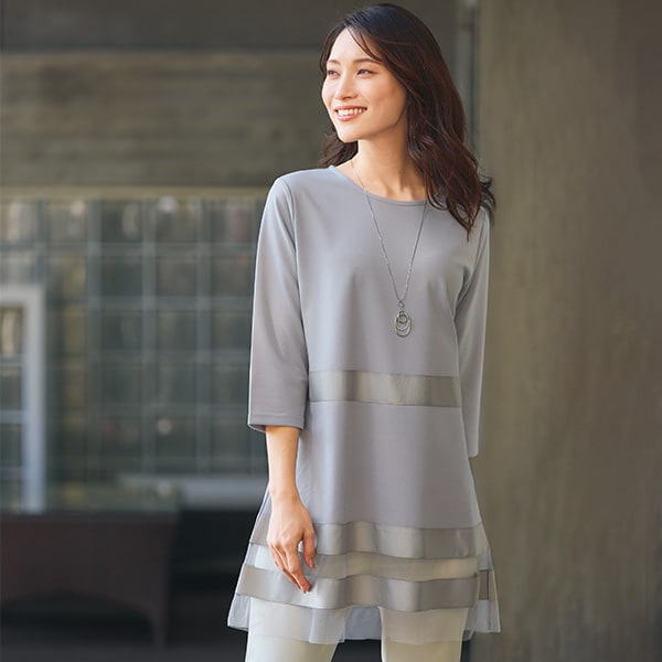 Rakuten - 異素材ボーダー切替チュニック＜M〜L LL＞