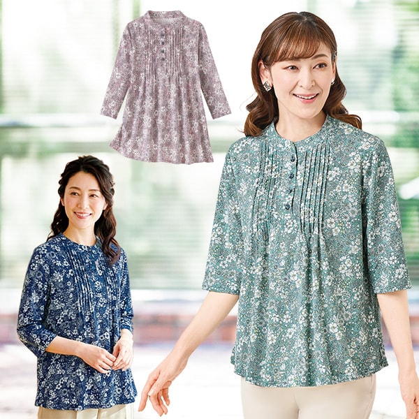 Rakuten - 花柄ピンタックチュニック＜グリーン系 ピンク系 ネイビー系＞