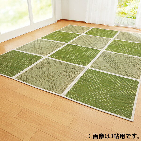 Rakuten - パタパタたためるい草ラグ＜刺子グリーン 花柄ブルー｜2帖用 180×180cm 3帖用 180×240cm＞