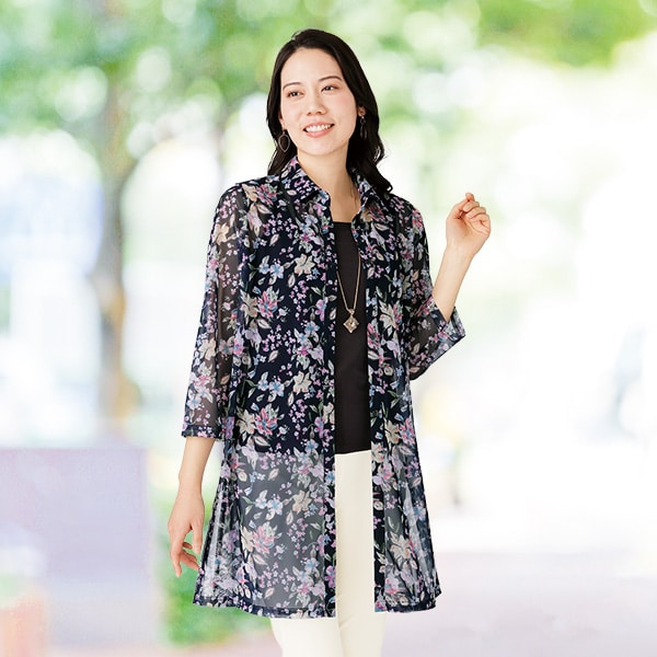 Rakuten - パワーネット花柄ロングブラウス＜ネイビー系 グレー系｜M〜L LL＞