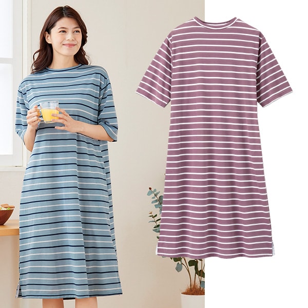 Rakuten - 綿混ボーダー快適ワンピース＜サックス系 ローズ系｜M〜L LL〜3L＞