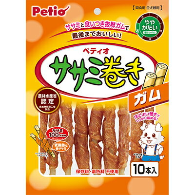 ◆特　長◆ ササミとガムの噛みごたえたっぷりの組合せ！旨味たっぷりで低脂肪な鶏ササミを、噛みごたえ抜群で最後まで美味しい牛皮ガムに巻きました。鶏ササミとガムの美味しさが味わえるスナックです。保存料・着色料不使用。 【お客様へ】本商品は、賞味期限3ヵ月以上の商品をお届けしております。 ◆メーカー（※製造国または原産国）◆ 株式会社 ペティオ ※製造国または原産国：中国 ◆給与方法・給与量◆ 【給与量】超小型犬〜5kg2本以内小型犬5kg〜10kg3本中型犬10kg〜20kg6本以内大型犬20kg〜35kg9本以内超大型犬35kg〜12本以内・愛犬の健康状態、年齢、運動量を考慮したうえでパッケージ記載の給与量を目安に1日1〜2回に分けてお与えください。 ◆原材料・成分◆ 【原材料・成分】鶏ササミ、でんぷん類、たん白加水分解物、牛皮、グリセリン、増粘安定剤(CMC・キサンタンガム)【保証成分】たん白質21.5％以上、脂質0.5％以上、粗繊維0.5％以下、灰分3.5％以下、水分18.0％以下【エネルギー】338kcal/100g ◆保存方法◆ ※直射日光、高温多湿の場所をさけて保存してください。※開封後は必ず封をして冷蔵庫で保存し、賞味期限に関わらずなるべく早くお与えください。 ◆使用上の注意◆ 【注意】・本商品は犬用で、間食用です。主食として与えないでください。・1歳未満の幼犬は消化器官が未発達なため、与えないでください。・犬の食べ方や習性によっては、のどに詰まらせることがありますので必ず観察しながらお与えください。・与え方の給与量、および保存方法をお守りください。・子供がペットに与える場合は、大人が立ち会ってください。・幼児・子供・ペットのふれない所に保管してください。【案内】・品質保持のための脱酸素剤は、無害ですが食べ物ではありません。また、開封後に発熱する場合がありますが、問題ありません。・消化不良など愛犬の体調が変わった場合は獣医師にご相談ください。・表面に白い粉が析出する場合がありますが、原料に含まれる成分(アミノ酸等)で、品質には問題ありません。・ガムに見られる小さな茶色や黒色の斑点は牛皮成分で、品質には問題ありません。・本品は天然素材を使用しておりますので、色・におい・形状・サイズ・硬さ・巻き具合などに多少のバラツキがあります。 【ご注意1】この商品はお取り寄せ商品です。ご注文されてから発送されるまで約10営業日(土日・祝を除く)いただきます。 【ご注意2】お取り寄せ商品以外の商品と一緒にお買い上げの場合は、全ての商品が揃い次第の発送となりますので、ご了承下さい。 ※メーカーによる商品リニューアルに伴い、パッケージ、品名、仕様（成分・香り・風味 等）、容量、JANコード 等が予告なく変更される場合がございます。予めご了承ください。 ※商品廃番・メーカー欠品など諸事情によりお届けできない場合がございます。 ※ご使用期限またはご賞味期限は、商品情報内に特に記載が無い場合、1年以上の商品をお届けしております。 商品区分：【ペットフード】【広告文責】株式会社メディスンプラス：0120-205-904 ※休業日 土日・祝祭日文責者名：稗圃 賢輔（管理薬剤師）