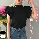 【P2倍&クーポン有】二の腕カバー フリル袖 ラウンドネック ニット トップス レディース カットソー プルオーバー 白トップス 送料無料 個性的 春コーデ 夏コーデ 普通丈トップス 裾イン 半袖 フレア スリム タイト 肌みせ フリル カラバリあり ブラッ